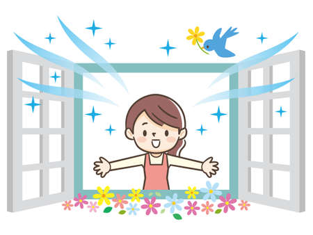 Illustration of woman opening a window to ventilateのイラスト素材
