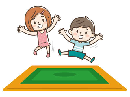 Happy children jumping on the trampoline. Cute boy and girl having fun jumping on the trampoline. Entertainment. Vector images in cartoon style.のイラスト素材