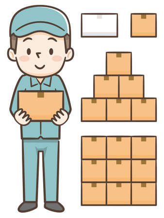 delivery man with box. Postman design isolated on white background. Courier in hat and uniform with package.のイラスト素材