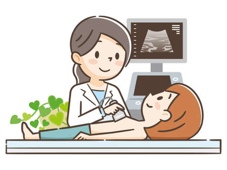 Illustration of a woman undergoing a chest ultrasoundのイラスト素材