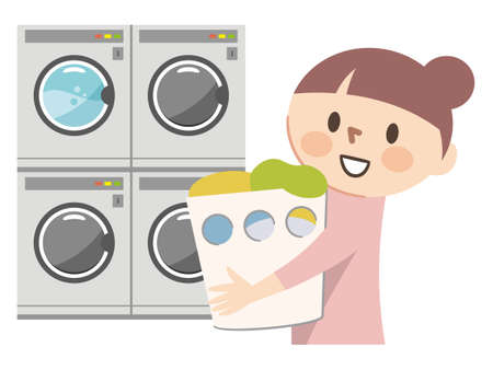 Young woman doing laundry in a coin laundryのイラスト素材