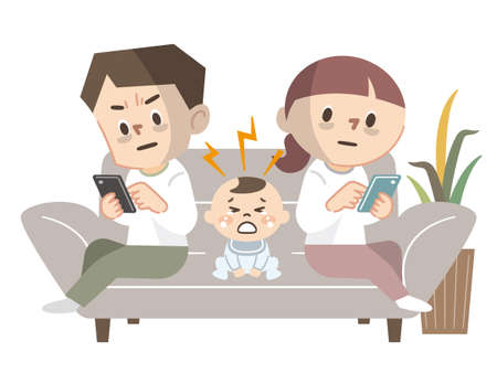 Illustration of a crying baby and a couple who is crazy about smartphones and does not raise childrenのイラスト素材