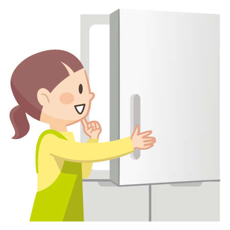 Illustration of a young housewife opening the refrigeratorのイラスト素材