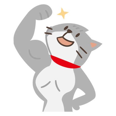 Illustration of a cheerful and muscular cat on a white backgroundのイラスト素材