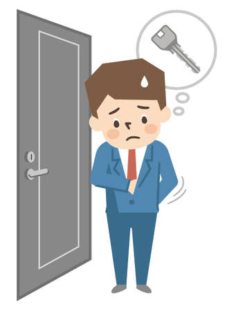 Illustration of a young man looking for a house key on a white backgroundのイラスト素材