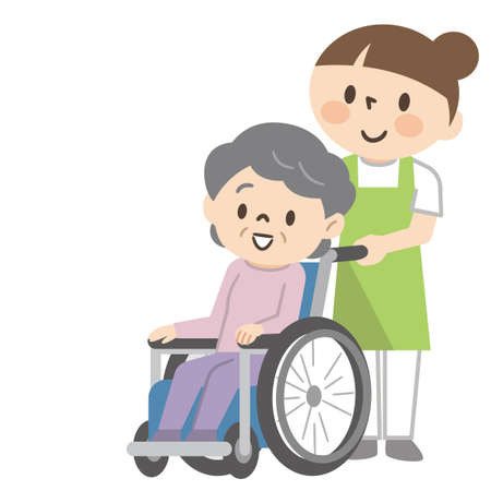 Senior woman in wheelchair and nursing staffのイラスト素材