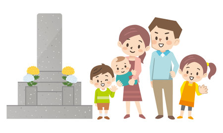 Illustration of a family visiting a graveの販売画像