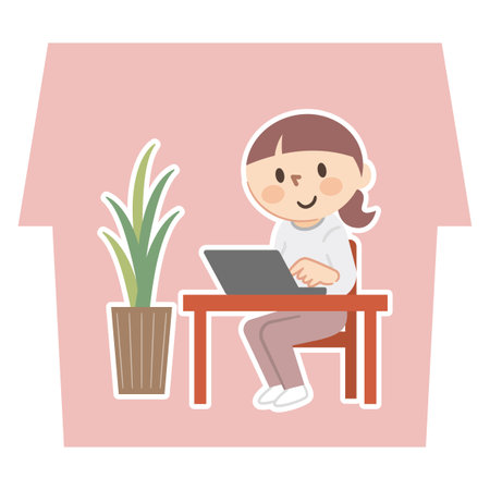 Illustration of a woman working on a computer on the sofa at homeのイラスト素材