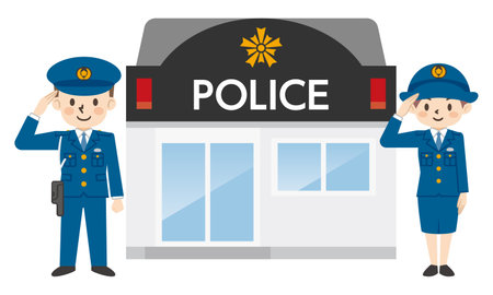 Illustration of a police officer and police box to saluteのイラスト素材