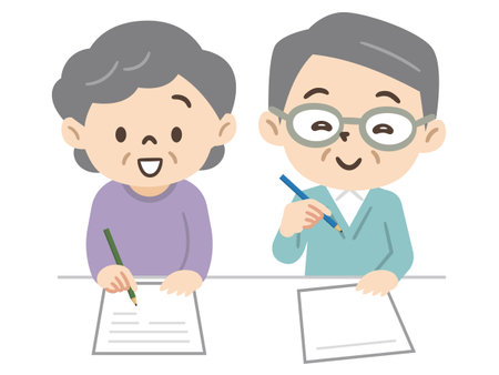 Illustration of a senior couple writing documentsのイラスト素材