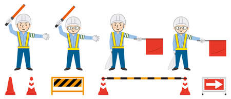 Vector illustration set of male security guards and construction site tools to guide trafficのイラスト素材