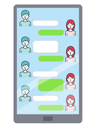 Chat messages smartphone, Sms on mobile phone screen. Man, woman couple chatting, Messaging using chat app or social network. Two persons cellphone conversation sending messages. vector illustration.のイラスト素材