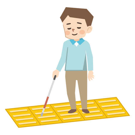 Illustration of a man checking a Braille block with a white caneのイラスト素材