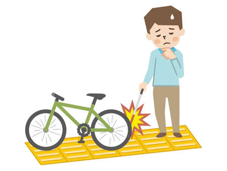 Illustration of a visually impaired man who has a bicycle on a Braille block and has difficulty walkingのイラスト素材
