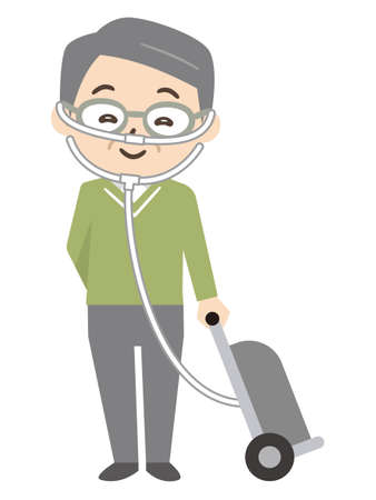 Illustration of a senior man traveling with a portable oxygen cylinderのイラスト素材