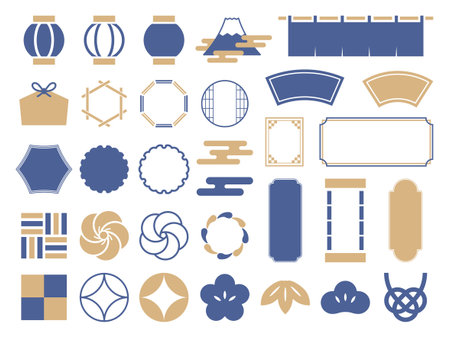 Japanese style view and flame vector illustration setのイラスト素材