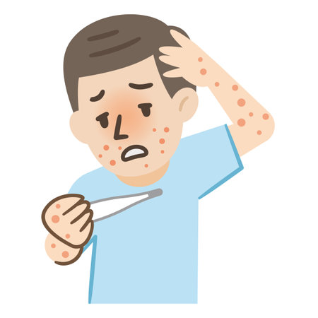 Simple vector illustration of a man infected with mpox and having a feverのイラスト素材