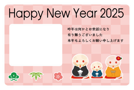 Japanese New Year's card in 2025. Japanese characters translation: "I am indebted to you for my last year. Thank you again this year. At new year's day" "Snake".のイラスト素材