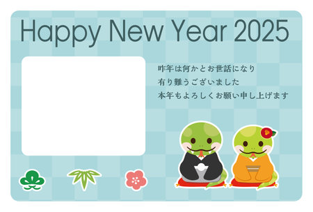 Japanese New Year's card in 2025. Japanese characters translation: "I am indebted to you for my last year. Thank you again this year. At new year's day" "Snake".のイラスト素材