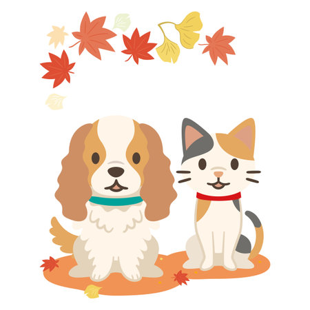 Illustration of autumn leaves and a dog and a cat, simple vector illustrationのイラスト素材