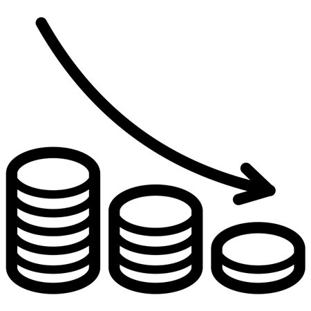 Outlined Stacked Coins and Downward Arrow Icon (Cost Reduction, Decrease, Loss)のイラスト素材