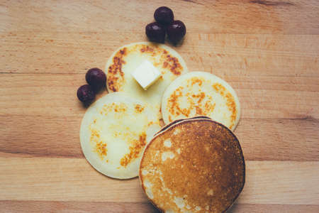 homemade healthy pancakes made from cottage cheese. pancakes instruction step by step.last step ready-made pancakes.の写真素材