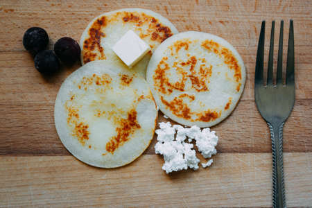 homemade healthy pancakes made from cottage cheese. pancakes instruction step by step.last step ready-made pancakes.の写真素材