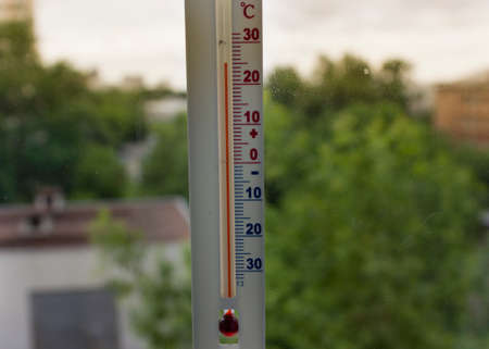 Measurement of air temperature in the street.window thermometerの写真素材