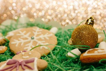 Christmas gift. a symbol of Christmas ginger biscuits in a gift boxの写真素材