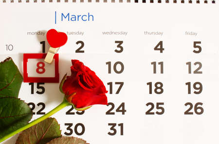 Save the date white block calendar for International Womens Day, March 8, with red roses