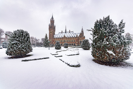 THE HAGUE, 11 December 2017 - Snow on the Peace Palace, seat of the International Court of Justice and Principal judicial organ of the United Nations in the Netherlandsのeditorial素材