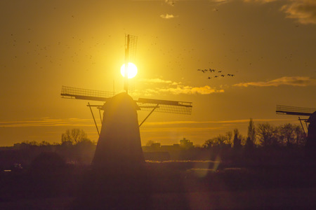 Warm and vibrant sunrise over the windmill in Leidschendam, Kinderdijk, Netherlandsの写真素材