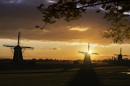 Warm and vibrant sunrise over windmill in Leidschendam, Kinderdijk, Netherlandsの写真素材