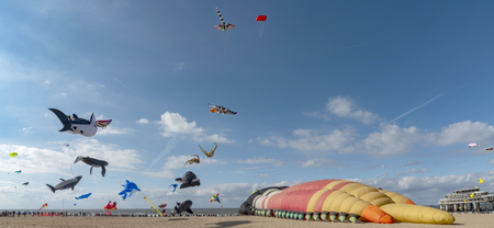 View of kites flying on a clear and sunny blue sky of The Hague, Schenveningen, Netherlandsのeditorial素材