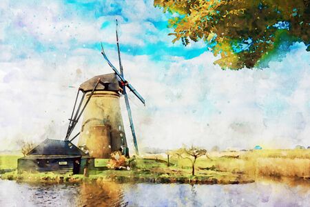 Computerized filtered picture imitating Watercolor  the   windmill at the middle  the canal in...