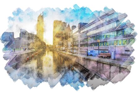 View of The Hague sunrise, early morning skyline reflected on the calm canal's water, Netherlandsの写真素材