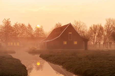 Morning sunrise sun reflected on a foggy Dutch traditional green wooden houses in the rural area of the Netherlandsの写真素材