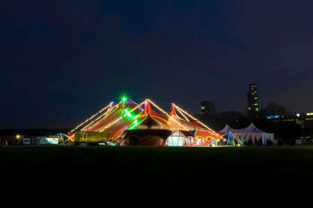 Night view of a circus tent under a blue hours sunset and clean blue skyの写真素材