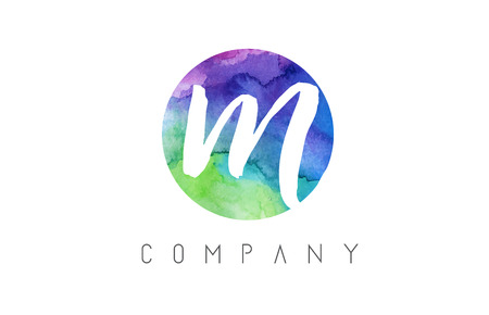 M Watercolor Letter Logo Design with Circular Brush Pattern and Blue Green Purple Colors.のイラスト素材