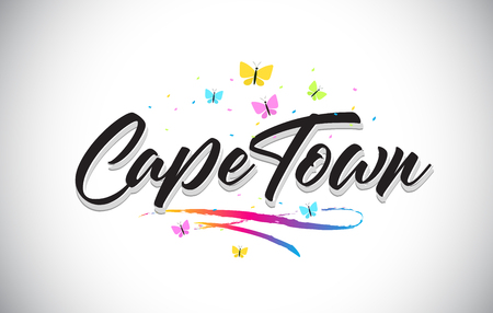 CapeTown Handwritten Word Text with Butterflies and Colorful Swoosh Vector Illustration Design.のイラスト素材