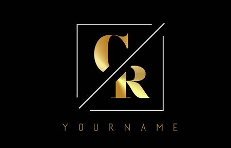 CR Golden Letter Logo with Cutted and Intersected Design and Square Frame Vector Illustrationのイラスト素材