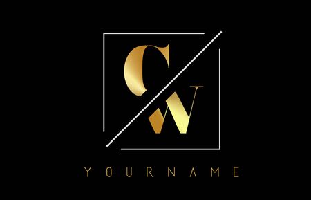 CW Golden Letter Logo with Cutted and Intersected Design and Square Frame Vector Illustrationのイラスト素材