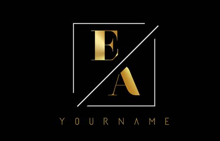 EA Golden Letter Logo with Cutted and Intersected Design and Square Frame Vector Illustrationのイラスト素材