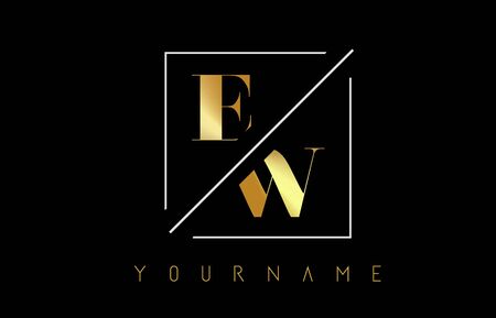 EW Golden Letter Logo with Cutted and Intersected Design and Square Frame Vector Illustrationのイラスト素材