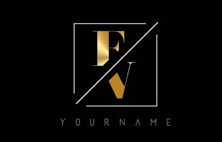FV Golden Letter Logo with Cutted and Intersected Design and Square Frame Vector Illustrationのイラスト素材
