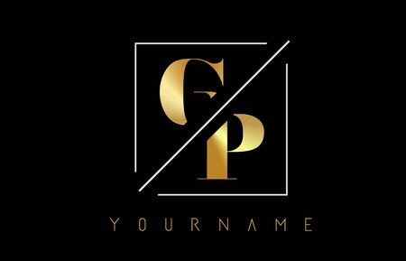 GP Golden Letter Logo with Cutted and Intersected Design and Square Frame Vector Illustrationのイラスト素材