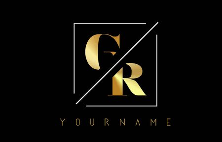 GR Golden Letter Logo with Cutted and Intersected Design and Square Frame Vector Illustrationのイラスト素材