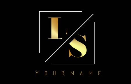 LS Golden Letter Logo with Cutted and Intersected Design and Square Frame Vector Illustrationのイラスト素材
