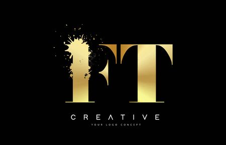 FT F T Letter Logo with Gold Melted Metal Splash Vector Design Illustration.のイラスト素材
