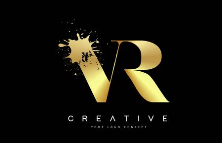 VR V R Letter Logo with Gold Melted Metal Splash Vector Design Illustration.のイラスト素材